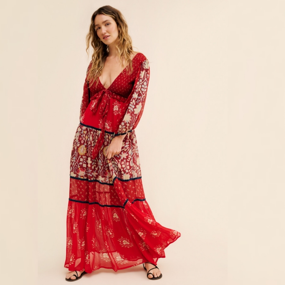Free People Bali Laurel Maxi Dress Long Sleeve Cut-out Back Red Women's